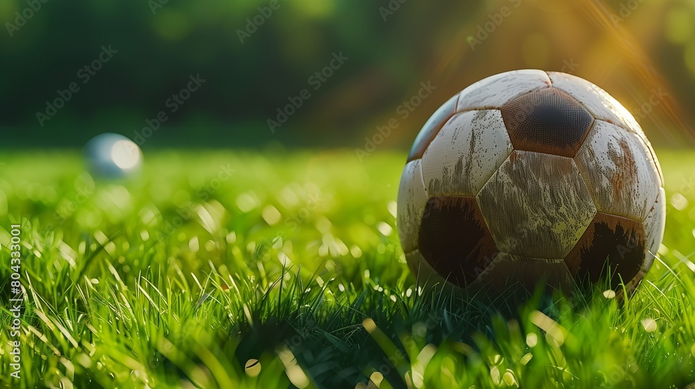 Fototapeta premium A soccer ball is on a field , sport background
