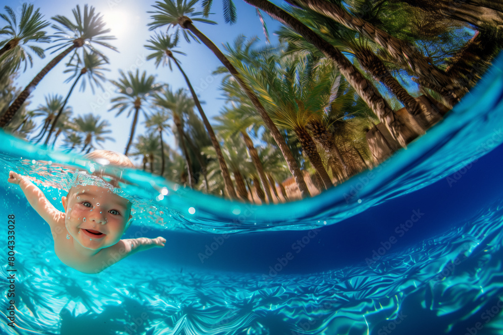 A Caucasian baby with joyful expression, swimming underwater in a crystal clear pool surrounded by lush palm trees. Tropical background.family vacation destinations A Caucasian baby with joyful expression, swimming underwater in a crystal clear pool surrounded by lush palm trees. Tropical background.family vacation destinations