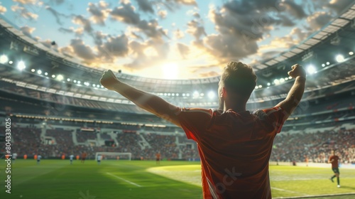 A man winner stands on a soccer field with a crowd of people watching him