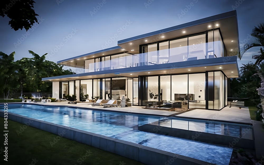 modern and luxury house with pool, glass and concrete modern house, Generative AI