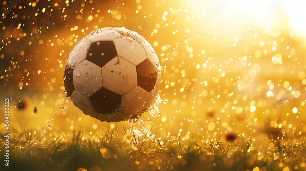 Fototapeta premium A soccer ball is on a field , sport background