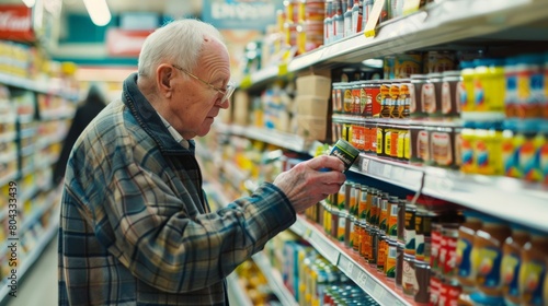 Elderly man reading labels on canned goods in a supermarket aisle. Careful selection process.