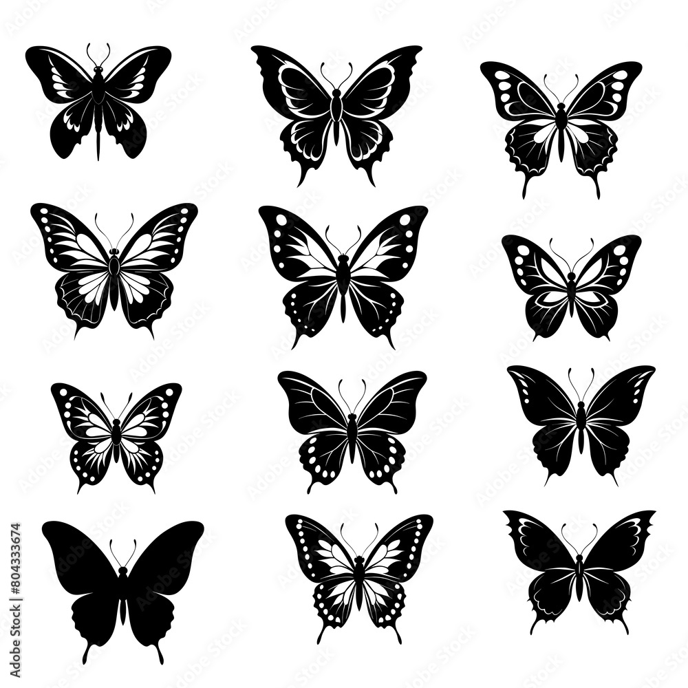 set of black silhouettes of butterfly set of black silhouettes of butterfly