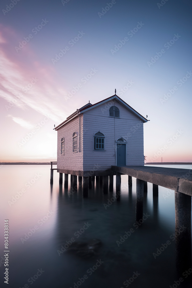 a serene white boathouse on stilts during a beautiful sunset over calm waters, evoking tranquility
