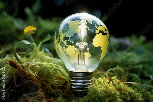 light bulb with a world map design illuminates amidst greenery, symbolizing eco-friendly energy and global environmental awareness