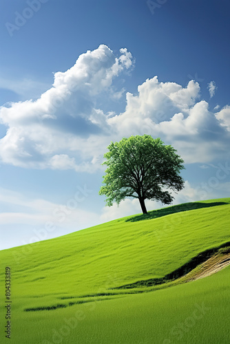 A lone tree stands on a vibrant green hill under a blue sky with fluffy white clouds