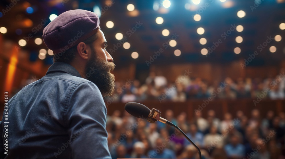 Side view of a bearded man in a beret speaking into a microphone at a conference event Side view of a bearded man in a beret speaking into a microphone at a conference event