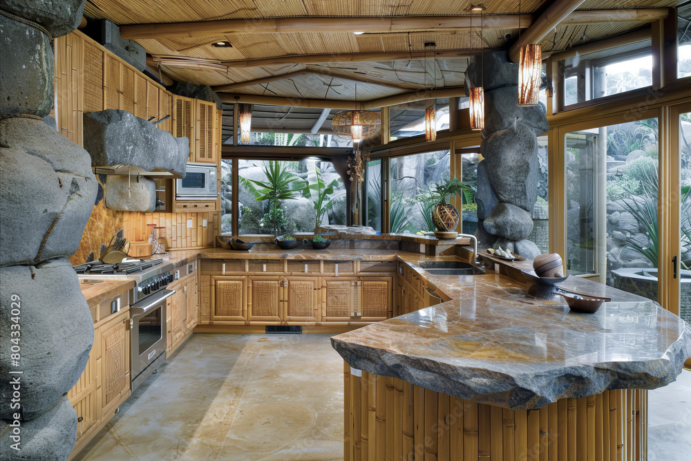 a serene kitchen with a blend of stone, wood, and lush greenery, creating an organic ambiance