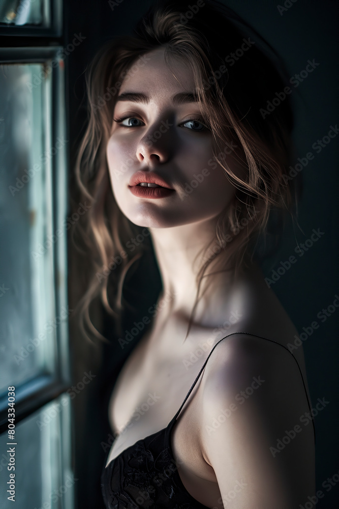 A woman is standing in front of a window, wearing a black bra and a black dress. She has a serious expression on her face A woman is standing in front of a window, wearing a black bra and a black dress. She has a serious expression on her face