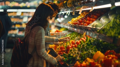 Woman facing away, overlooking a vibrant produce aisle in the supermarket. Healthy choices.