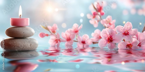 Peaceful spa setting with a candle on stacked stones and cherry blossoms on water