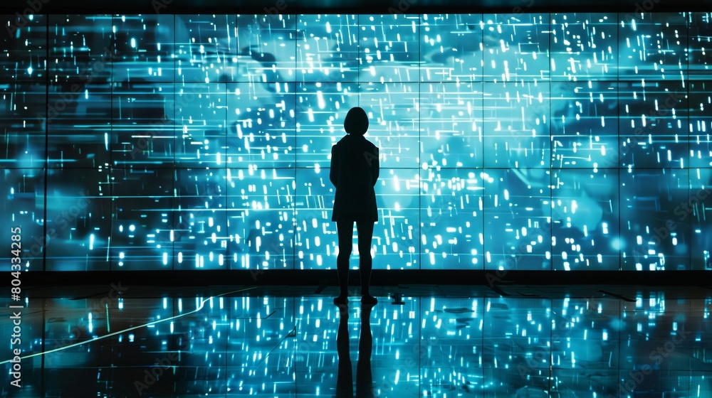 Silhouette of a Person Analyzing Cyber Threats on a Giant Digital Screen, Concept of Cybersecurity and Data Vulnerability Silhouette of a Person Analyzing Cyber Threats on a Giant Digital Screen, Concept of Cybersecurity and Data Vulnerability