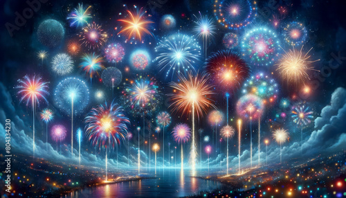 A vibrant display of fireworks over a cityscape at night, set against a cosmic starry sky, illustrating celebration. Generative AI