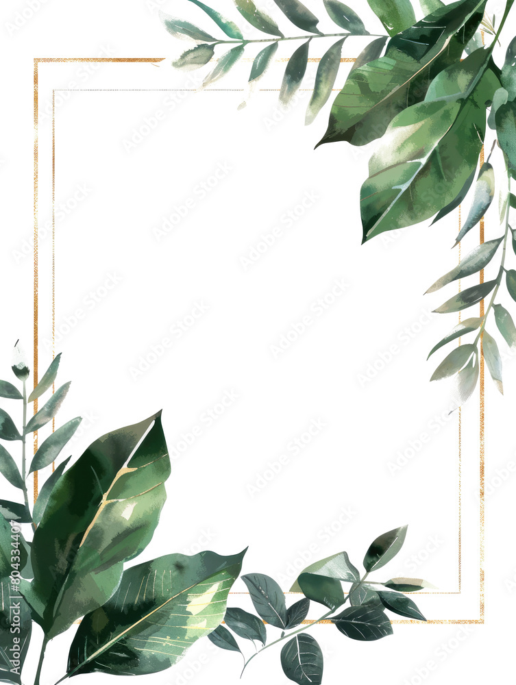 botanical theme photo frame with gold line. isolated on solid white background