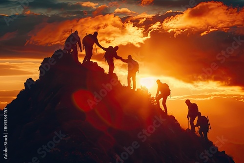 A group of people on a mountain peak under the open sky