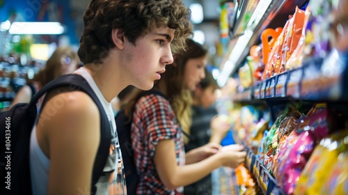 Young people choosing packaged goods in supermarket aisle. Group shopping and consumer habits of millennials