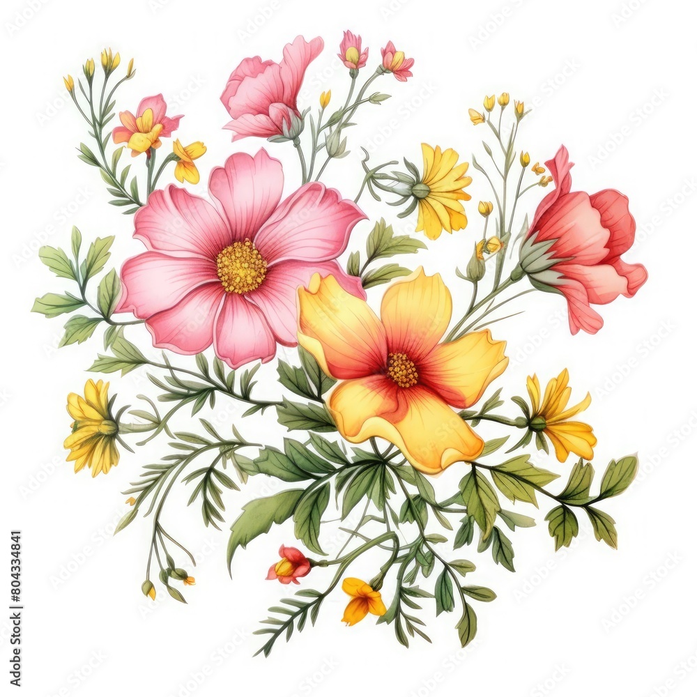 Crayon-style floral artwork, elegant depiction of pink and yellow flowers with greenery on a white background