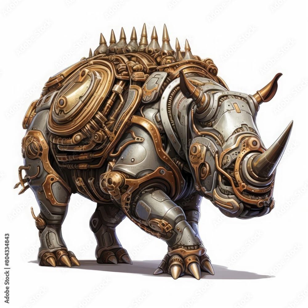 Fototapeta premium Detailed depiction of a steampunk rhino with armored plating and steam vents, rendered in a realistic style