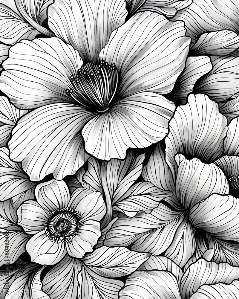 Capture the intricate details of an Art Nouveau floral design, blending CG animation with traditional pen and ink techniques, from a birds eye view angle