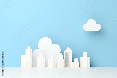 A blue background with a paper city made of white paper. There are two clouds at the top of the image.