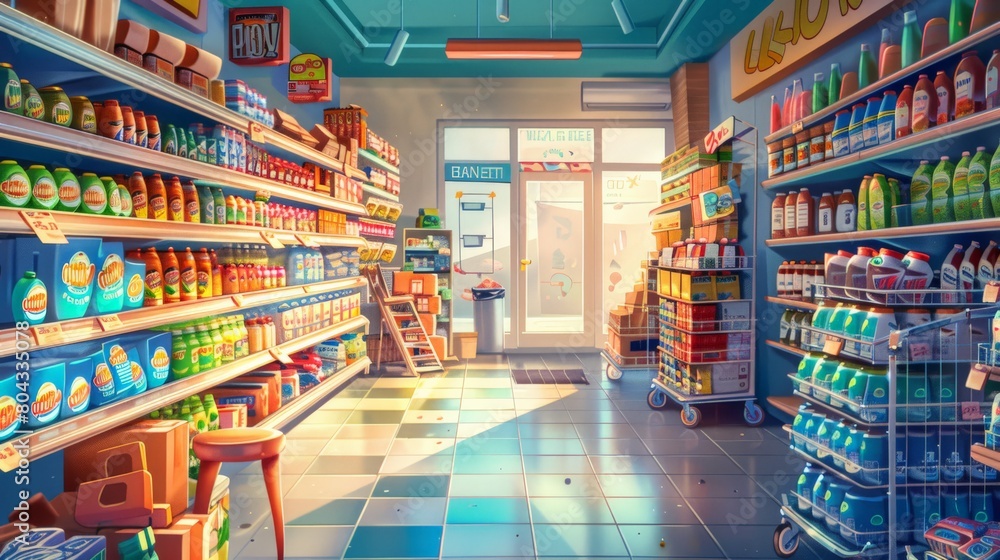 Detailed illustration of a grocery store with diverse products on shelves. Colorful and organized retail scene