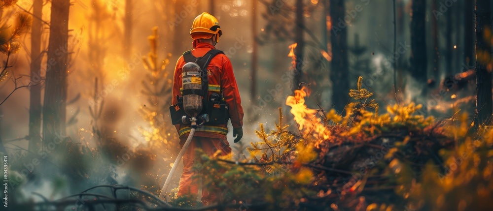 Firefighters using Fire Hose and other equipment to battle dangerous wildfires deep in a forest. Using safety uniforms and helmets to fight a wildfire deep in the forest. Firefighters using Fire Hose and other equipment to battle dangerous wildfires deep in a forest. Using safety uniforms and helmets to fight a wildfire deep in the forest.