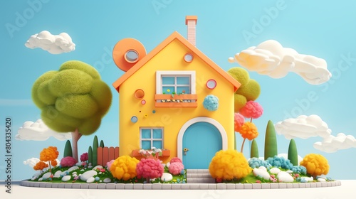 A cartoon house with a blue door and a yellow roof surrounded by flowers and trees on a blue background