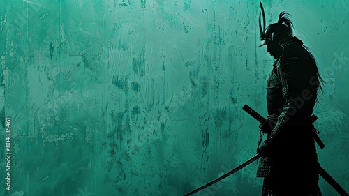 Fierce Samurai Silhouette Against Serene Jade Green Background photo