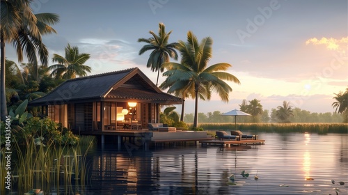 A wooden bungalow with a pool and restaurant on the water in front of rice fields  surrounded by palm trees Generative AI illustration.