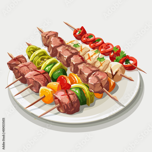 A plate of assorted meat and vegetables with skewers on it