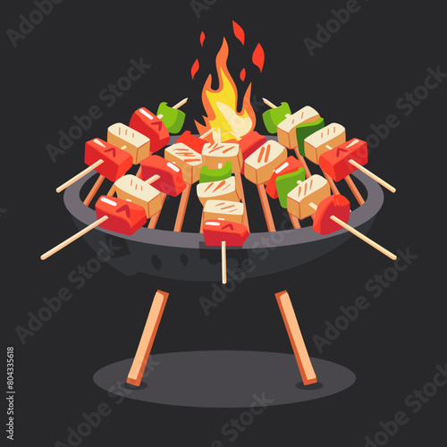 A black and white drawing of skewers of food on a grill