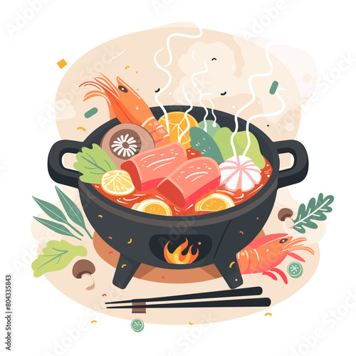 A colorful bowl of food with shrimp, vegetables, and mushrooms