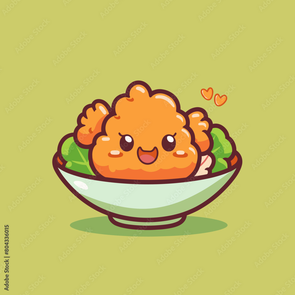 A cartoonish drawing of a bowl of Karaage food with a smiling face and a heart on it A cartoonish drawing of a bowl of Karaage food with a smiling face and a heart on it