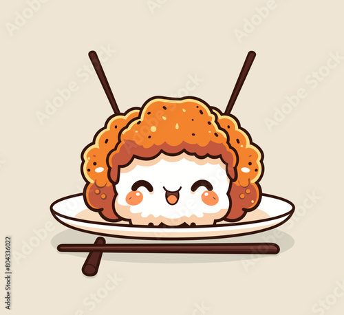 A cartoonish drawing of a piece of Karaage food with chopsticks on top of it