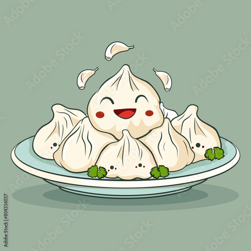 A cartoon drawing of a plate of Manti Turkish dumplings with a smiling face on top. The dumplings are arranged in a row and there are several pieces of parsley on the plate