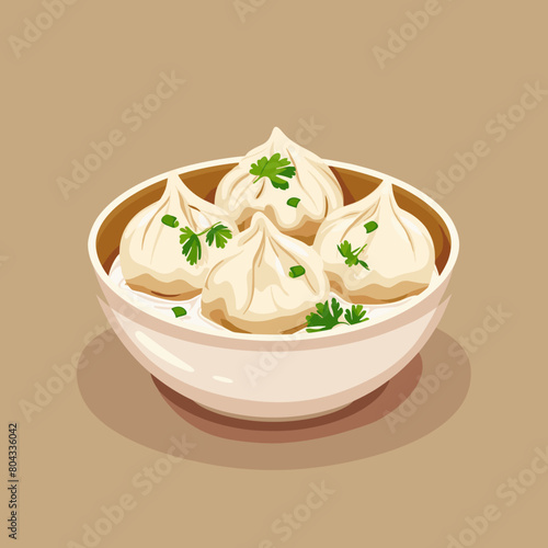 A bowl of Manti Turkish dumplings with a white bowl and a green herb