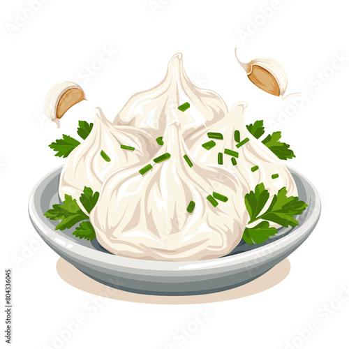 A bowl of Manti Turkish dumplings with a white sauce and green herbs