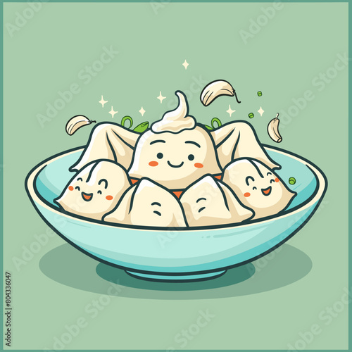 A cartoon drawing of a plate of Manti Turkish dumplings with a smiling face on top. The dumplings are arranged in a row and there are several pieces of parsley on the plate
