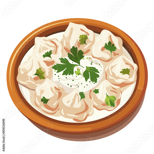A bowl of Manti Turkish dumplings with a white sauce and green herbs