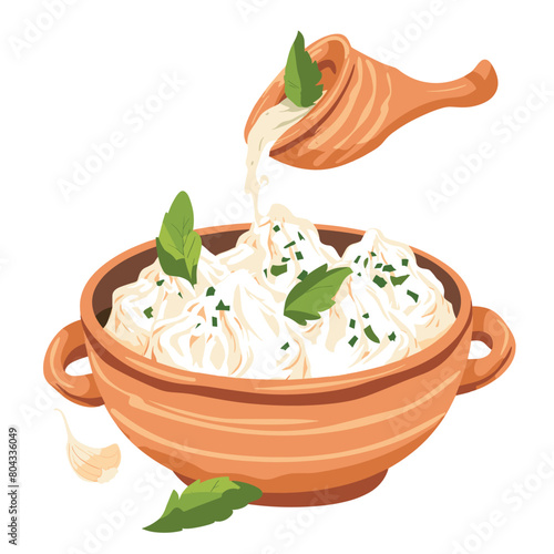 A bowl of Manti Turkish dumplings with a white sauce and green herbs