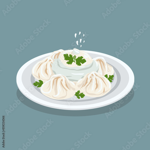 A bowl of Manti Turkish dumplings with a white bowl and a green herb