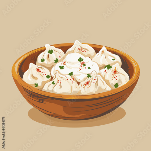 A bowl of Manti Turkish dumplings with a white bowl and a green herb