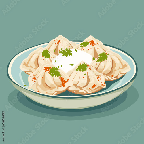 A plate of Manti Turkish dumplings with a blue background