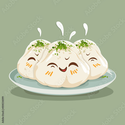 A cartoon of three Manti Turkish dumplings with smiling faces on a plate