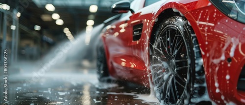 Professional Hand Car Wash Detailer Spraying Smart Foam on a Tuned Red Sports Coupe at a Performance Car Dealership. Advertising Style Footage.
