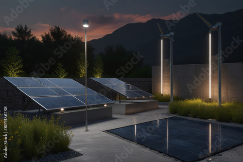 Modern landscape with solar panels and wind turbines against mountains during sunset