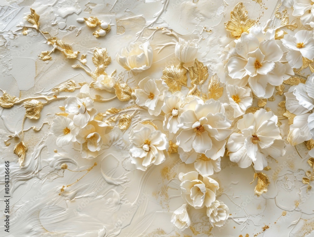 White and gold 3D flowers on a white textured background. White and gold 3D flowers on a white textured background.