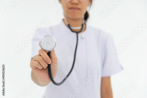 Asian woman and research Medical professional, face and surgeon in hospital for healthcare on white background.