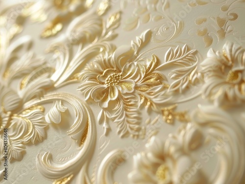 A seamless, highly detailed, 3D rendering of a classic gold and white damask pattern.