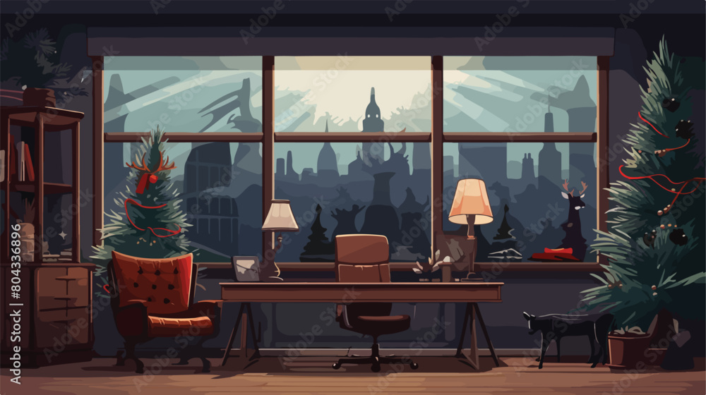 Interior of dark office with workplace Christmas wr